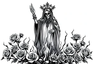 Powerful and evil Santa muerte rising from the flames and ashes of hell, surrounded by unclaimed souls and roses tattoo idea