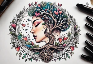 Micro realism tattoo design featuring the helix merging into the tree of life. With my zodiac sign libra holding the brain and heart on each side of the scale with the heart out weighing the brain tattoo idea