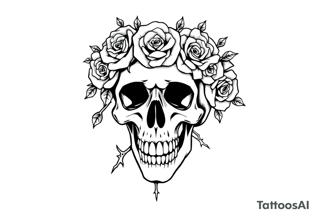 ornate skull adorned with crown of wild roses and thorns tattoo idea