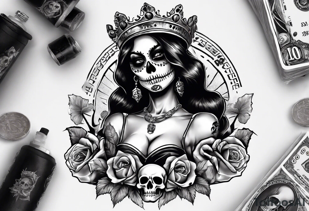 santa la muerta with money and crown tattoo idea