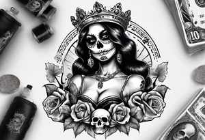 santa la muerta with money and crown tattoo idea