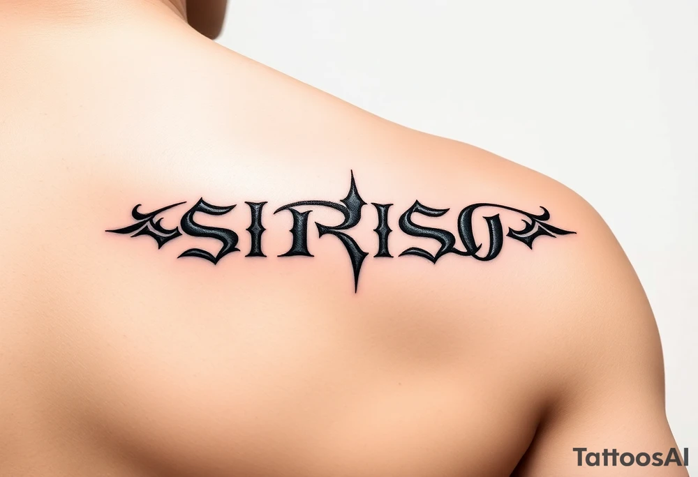 Tribal font saying “SIRISO” on bicep tattoo idea