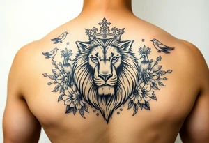 powerful majestic lion with a crown, surrounded by floral ornaments and birds tattoo idea
