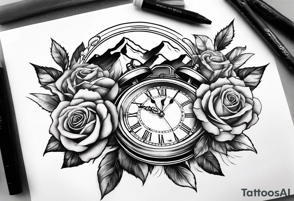 Mountains with clock with roses sleeve design tattoo idea Mountains with clock with roses sleeve design tattoo idea