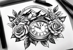 Mountains with clock with roses sleeve design tattoo idea