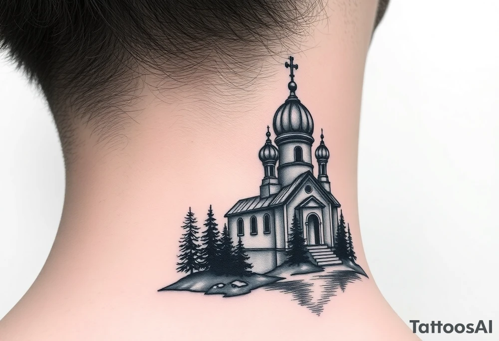 medium sized russian orthodox dome church with a separated virgin mary praying beside a lake and pine trees on the sized of my neck tattoo idea