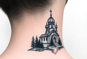 medium sized russian orthodox dome church with a separated virgin mary praying beside a lake and pine trees on the sized of my neck tattoo idea