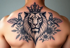 powerful majestic lion with a crown, surrounded by floral ornaments and birds tattoo idea