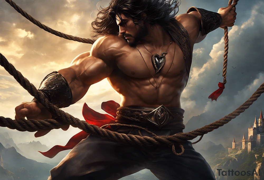 A man suspended in mid-air, held by a rope tied around his neck, the rope stemming from his own heart. The heart symbolizes his emotions and feelings, keeping him trapped within himself, unable to move forward.

On one side of him, a menacing beast represents his rage and inner fury. The beast glows with the weight of his sins and mistakes, embodying the destructive power of his darkest emotions. Its eyes burn with anger, and its claws seem ready to tear through his psyche, an embodiment of the chaos he battles within.

On the other side, a serene, angelic figure represents his good side, radiating peace and hope. This figure calls out to him, beckoning him toward redemption and a righteous path. The angel’s calm expression and open hand reflect compassion, purity, and the promise of a better future.

The design should be rendered in a stylish old-school black-and-white aesthetic, with intricate linework and shading to add depth and realism. The stark contrast between the man, the beast, and the angel will emphasize the internal conflict. A balance of bold outlines and fine details will evoke a sense of timelessness and emotional intensity, making the tattoo visually striking and deeply symbolic. tattoo idea