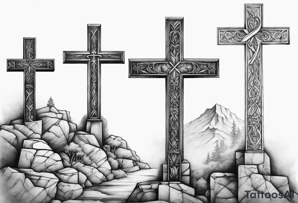 3 crosses with shading and a quote around it tattoo idea