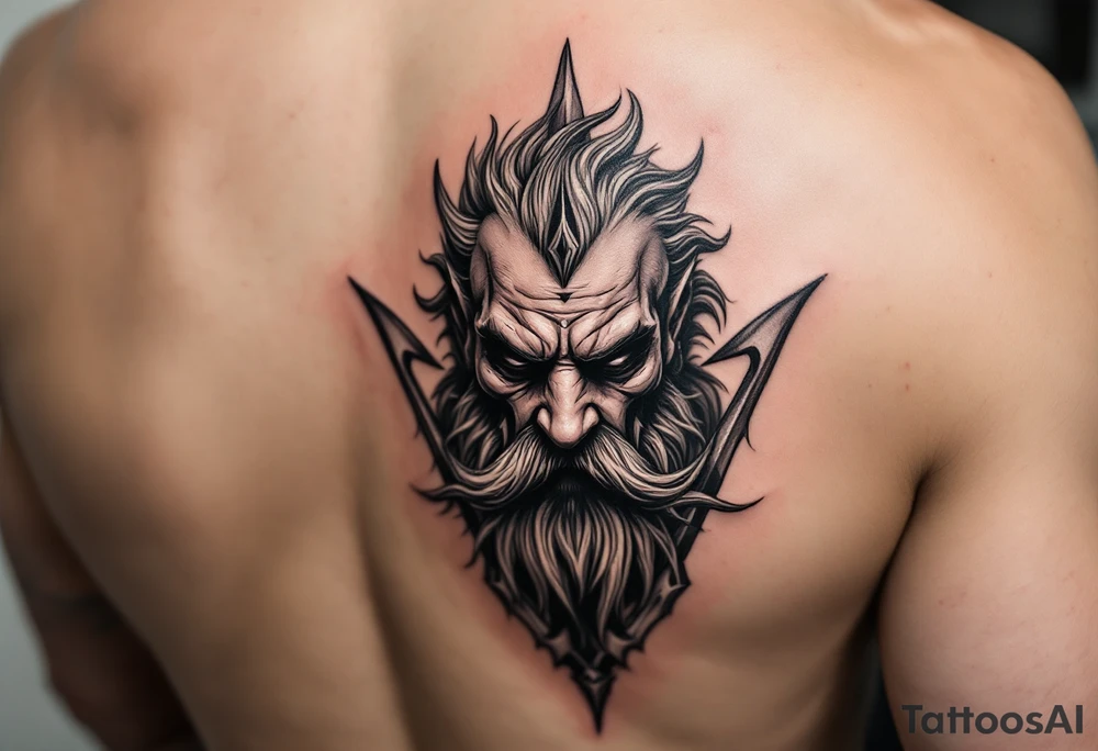 close-up gentle poseidon behind a trident tattoo idea