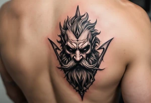 close-up gentle poseidon behind a trident tattoo idea