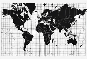 the earth on a flat map with light fading shading placed on a grid with only the lines with accurate depictions of the borders in countries tattoo idea