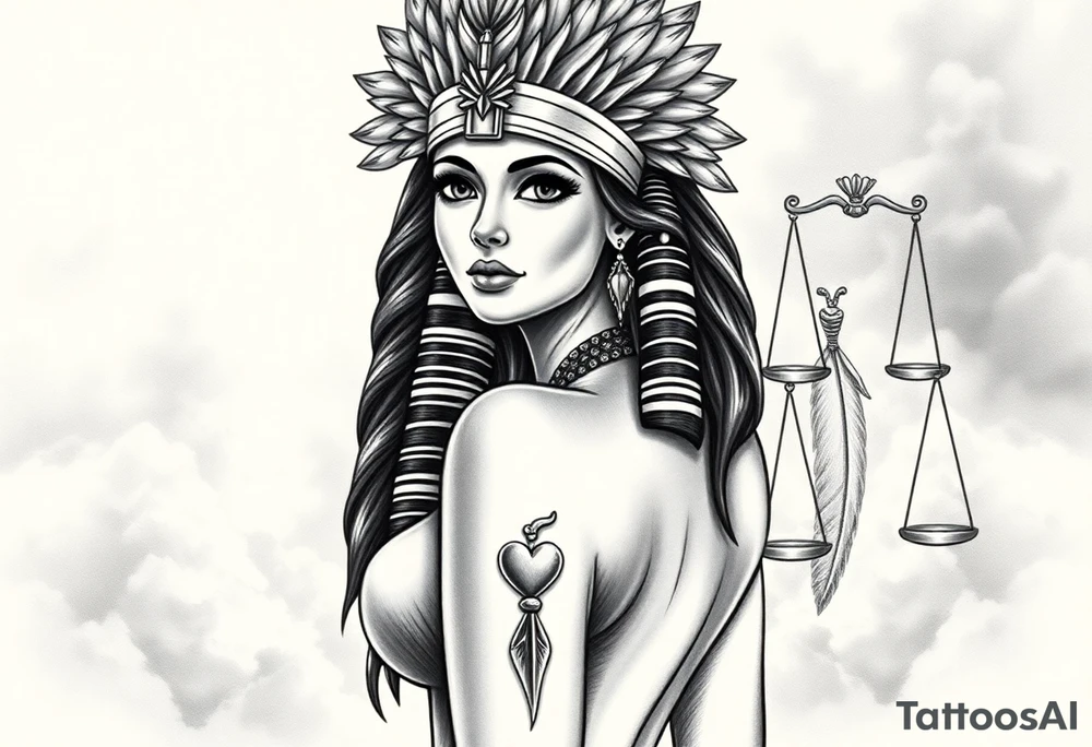 Beautiful Egyptian goddess with a curvy sexy body. She is wearing an ostrich feather headdress, and intricate ancient Egyptian jewelry the Anhk necklace. Background includes something similar to heaven. Incorporate the Scales of Justice—one side holding a heart, the other Ma’at’s feather—glowing with ethereal energy. Emphasize dramatic lighting, deep shadows, and surreal, mystical atmosphere tattoo idea