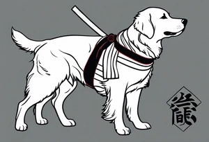 a golden retriever in a kimono full body view wearing a black karate belt tattoo idea