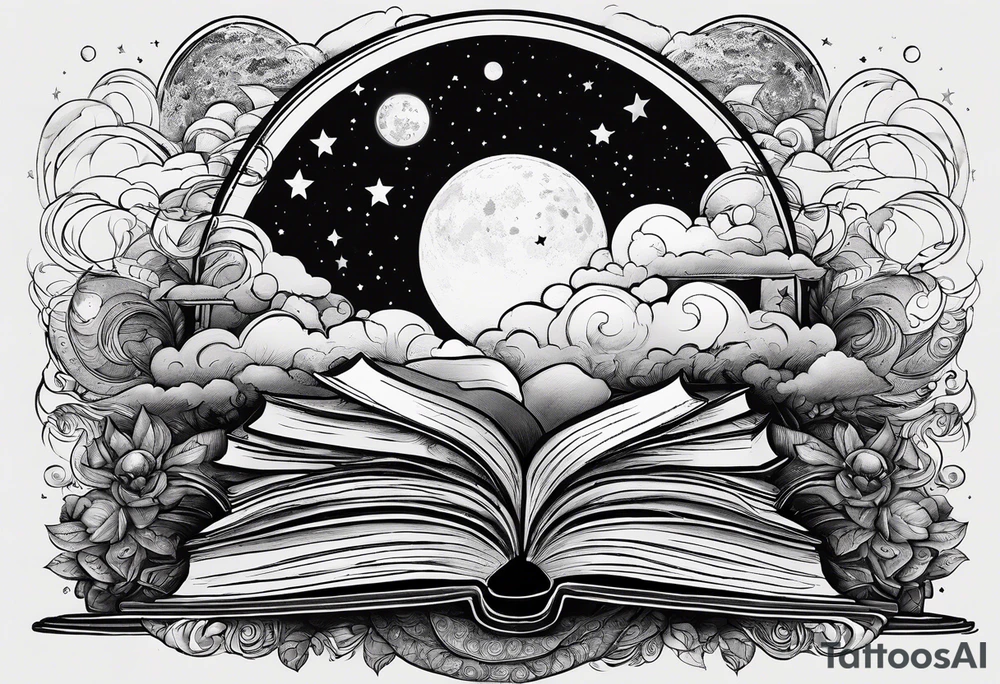 Stack of books with a universe sky and moons, the top book is open and has things coming alive from it tattoo idea