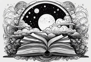 Stack of books with a universe sky and moons, the top book is open and has things coming alive from it tattoo idea