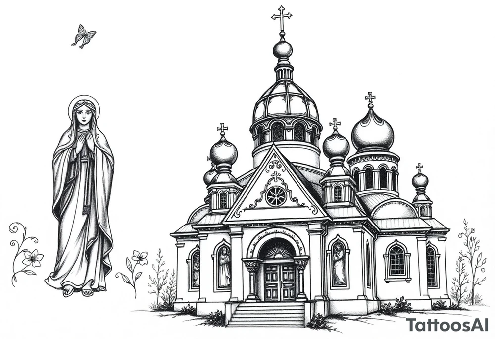 Russian orthodox church with bulb domes with a prominent russian orthodox style virgin mary stood outside to the left tattoo idea