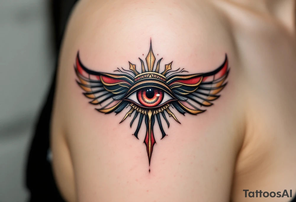 A crimson eye of Horus with black shading and golden rays extending outward. tattoo idea