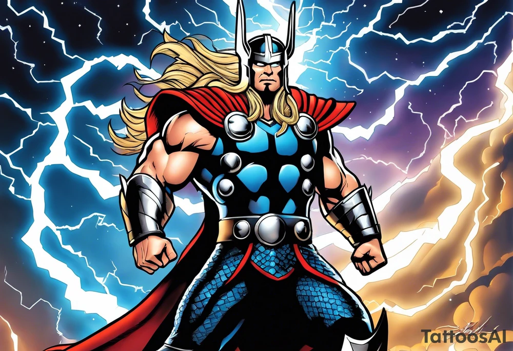 The Mighty Thor  with lightning in the background tattoo idea