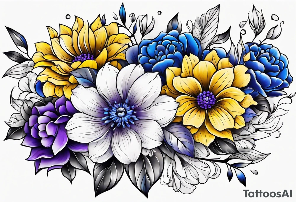 Blue yellow and purple flowers arm sleeve tattoo idea