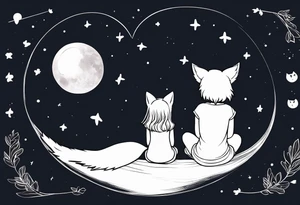 A little girl and a fox looking at the moon, sitting on a cloud we see them from behind tattoo idea