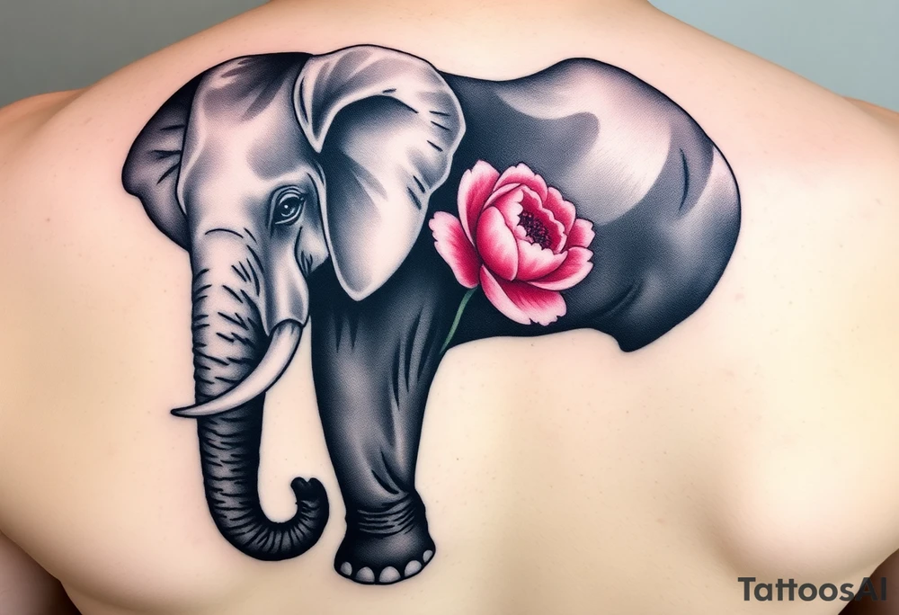 elephant holding a small pink peony in its trunk tattoo idea
