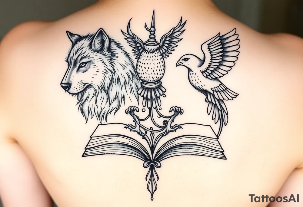 An open book with a werewolf, owl, dragon & phoenix above it tattoo idea