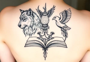An open book with a werewolf, owl, dragon & phoenix above it tattoo idea