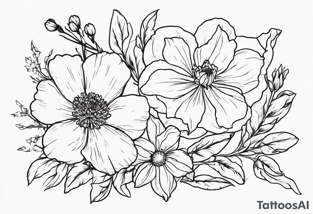 Two carnations, Two daffodils, One snowdrop, One hawthorn flower, Two honeysuckle blooms, One rose, One chrysanthemum, one cosmos, one marigold, one morning glory, one aster tattoo idea