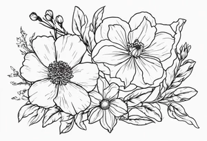Two carnations, Two daffodils, One snowdrop, One hawthorn flower, Two honeysuckle blooms, One rose, One chrysanthemum, one cosmos, one marigold, one morning glory, one aster tattoo idea