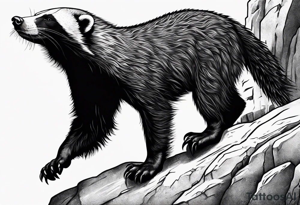 honey badger climbing over steep rock, claws near head, gentle face, legs hanging on trying to get over tattoo idea