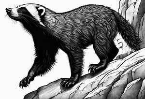 honey badger climbing over steep rock, claws near head, gentle face, legs hanging on trying to get over tattoo idea