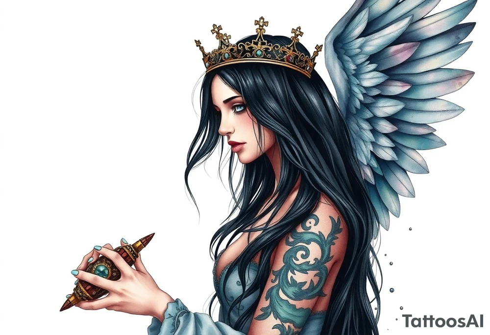 A Scorpio gypsy  woman with long black hair and angel wings putting a kings crown on a man with grey spiked hair tattoo idea