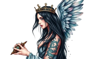 A Scorpio gypsy  woman with long black hair and angel wings putting a kings crown on a man with grey spiked hair tattoo idea