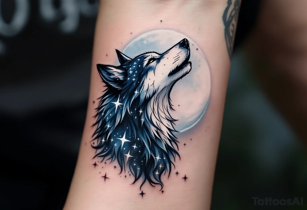 Celestial wolf with star-filled fur, howling at a bright white moon, tattooed in black, navy, and silver accents. tattoo idea