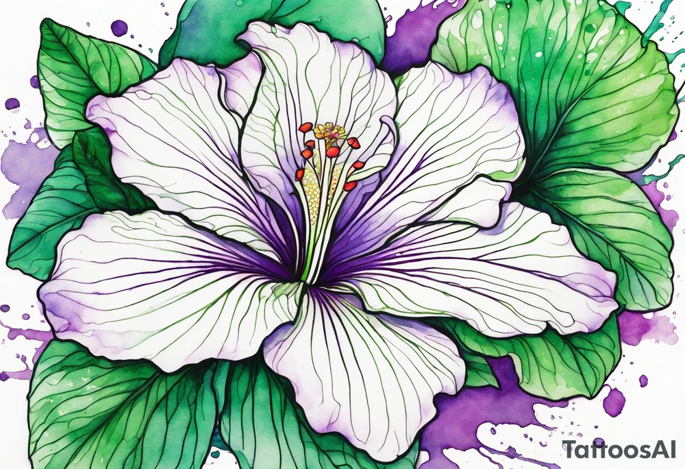 An outline of a green rio dipladenia flower and a green and purple watercolor splash in the background tattoo idea