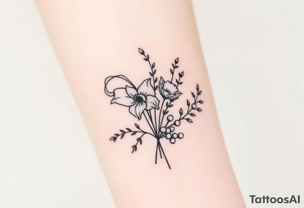 Bouquet of birth months flowers Lilly of the valley, daffodil, larkspur and Ilex aquifolium with berries tattoo idea