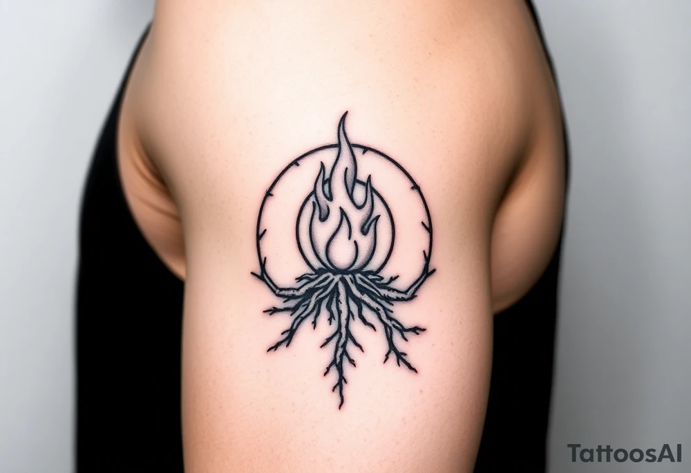 a round flame imprisoned in a roots circle tattoo idea