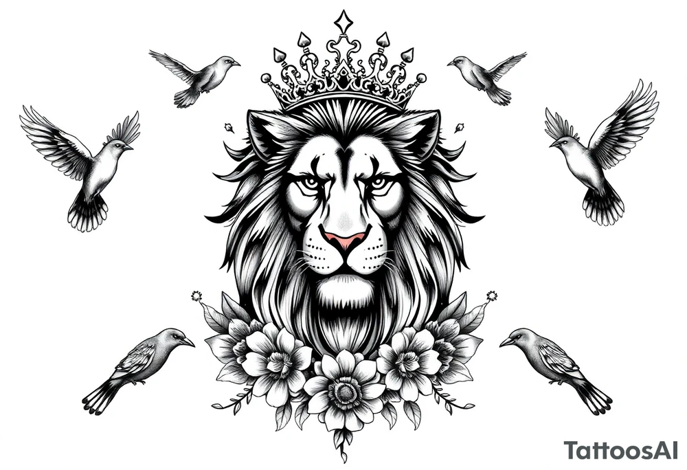 powerful majestic lion with a crown, surrounded by floral ornaments and birds tattoo idea