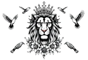 powerful majestic lion with a crown, surrounded by floral ornaments and birds tattoo idea