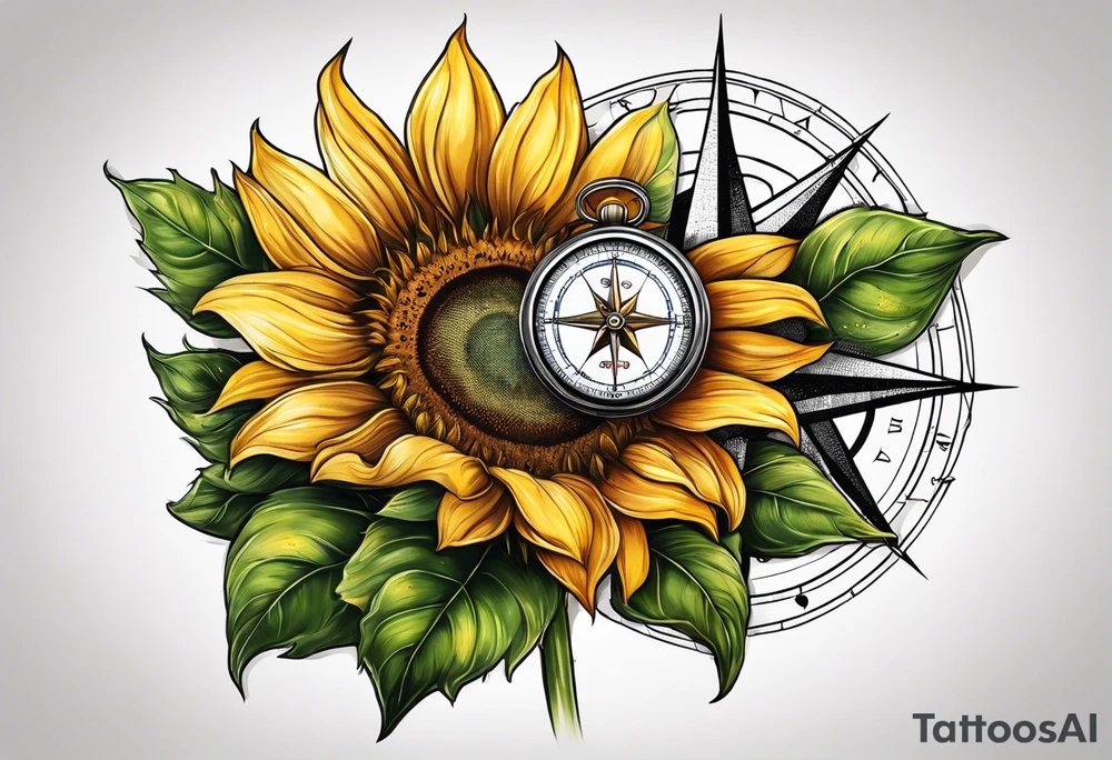 Sunflower next to a compass tattoo idea