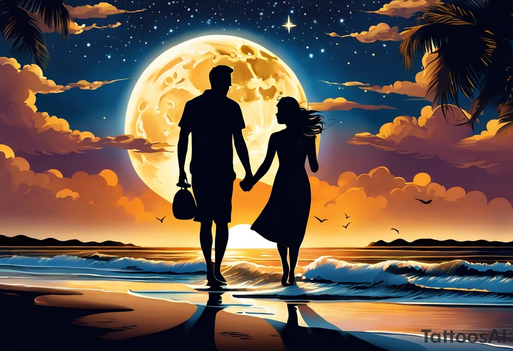 Create a stunning image of a realistic tattoo design that features a husband and wife holding hands, accompanied by their two children, walking along a beautiful beach. The moon shines radiantly in the night sky, illuminating the serene scene. Let your creativity flourish as you envision the intricate details that bring this tattoo to life, encapsulating the essence of love, family, and the awe-inspiring beauty of nature. tattoo idea