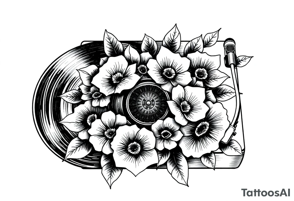 vinyl record player with flowers tattoo idea