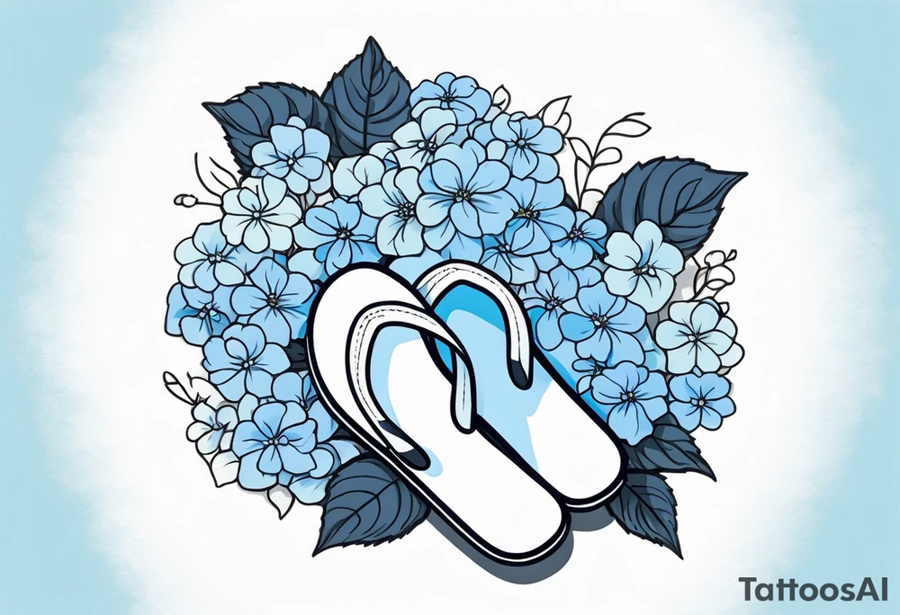 small tattoo of a light blue flip flop surrounded by blue hydrangea flowers tattoo idea