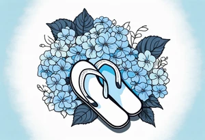 small tattoo of a light blue flip flop surrounded by blue hydrangea flowers tattoo idea
