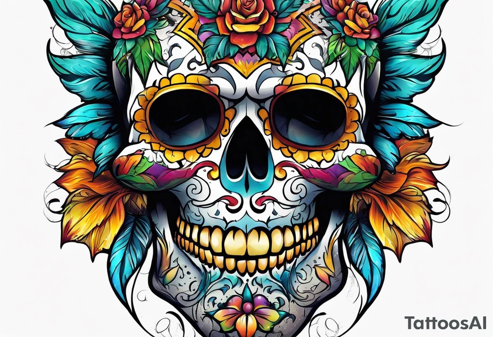 Colorful Mexican skull with bats and water tattoo idea