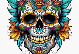 Colorful Mexican skull with bats and water tattoo idea