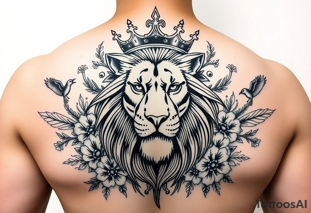 powerful majestic lion with a crown, surrounded by floral ornaments and birds tattoo idea