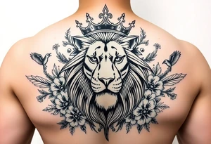 powerful majestic lion with a crown, surrounded by floral ornaments and birds tattoo idea